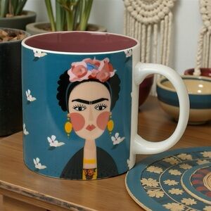 Art Wow Frida Kahlo Floral Crown Art Fine China Teal Blue Pink Interior Mug